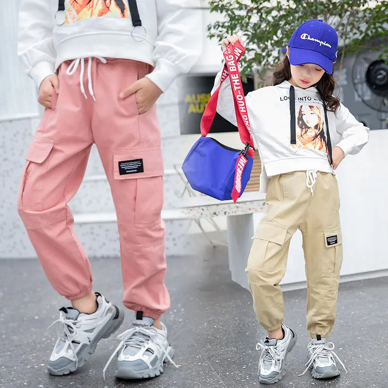 

2021 New Cowgirl Cargo Pants Spring Autumn Solid Color Kids Cotton Trousers Teenage Clothing Elastic Waist Teens Cargo Pants