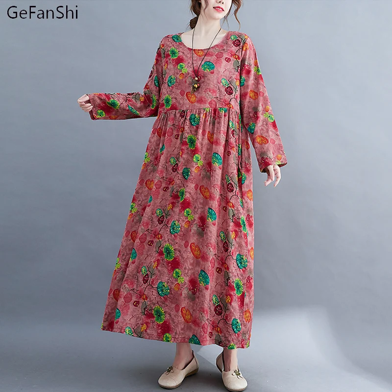 

2022 New Autumn Winter Women Dress Vintage Print O-Neck Casual Loose Fashion Long Sleeve Office Elegant Ladies Maxi Dresses Girl