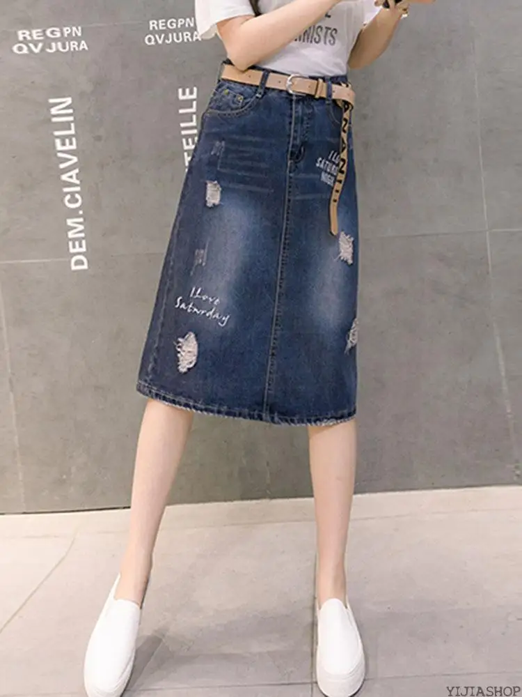 Новая летняя Высококачественная Свободная юбка джинсовая среднего размера с