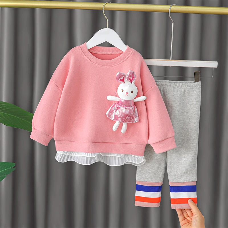 

2021 Осенняя футболка с мультяшным кроликом для маленьких девочек, штаны, комплекты детской одежды, хлопковая одежда для младенцев, наряд, дет...