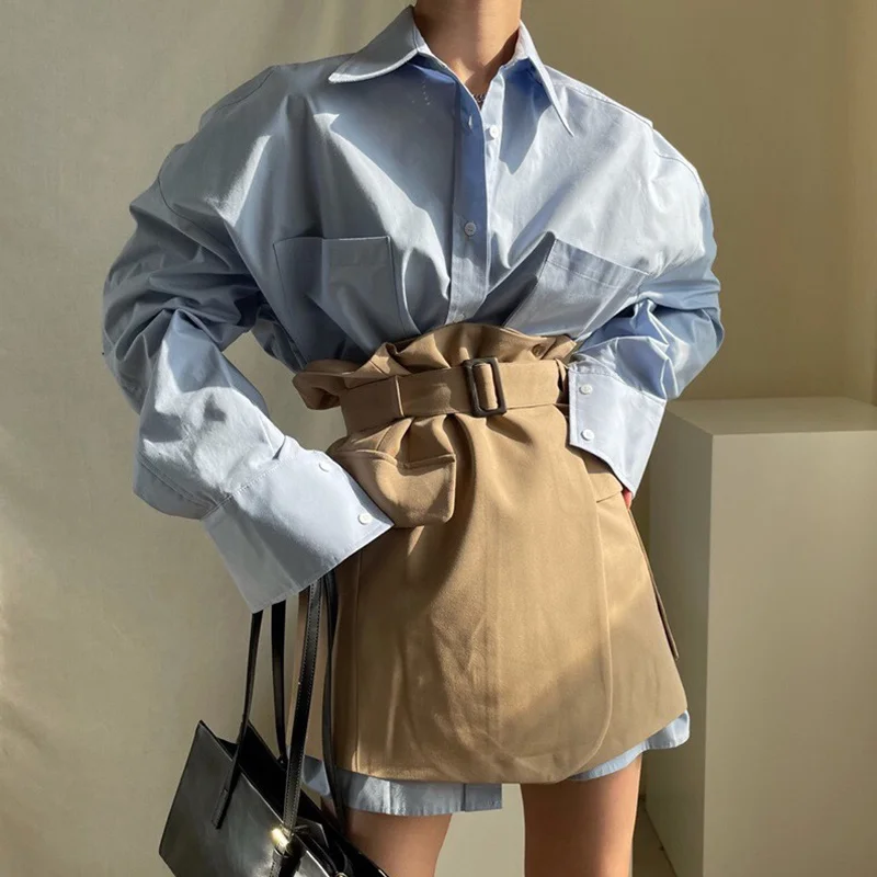 

Korean Chic Simple Versatile Loose Bf Long Sleeve Shirt + High Waist Skirt