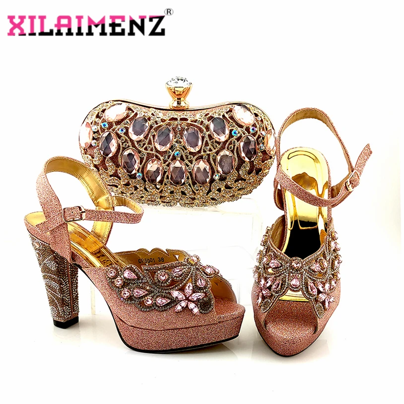 

New Arrival Peach Color Italian Women Matching African Shoes and Bag Set Decorated with Rhinestone Italian Ladies Shoe and Bag