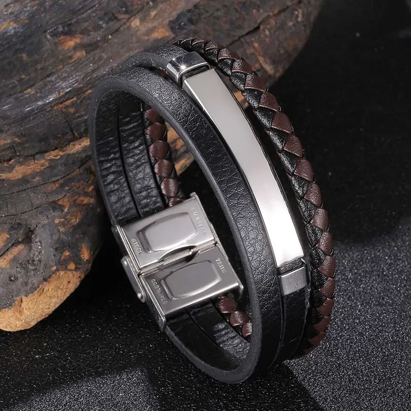 

Vintage Multilayer Braided Leather Rope Bracelet Men Handmade Jewelry Stainless Steel Bangles Male Wristband Husband Gift SP1155