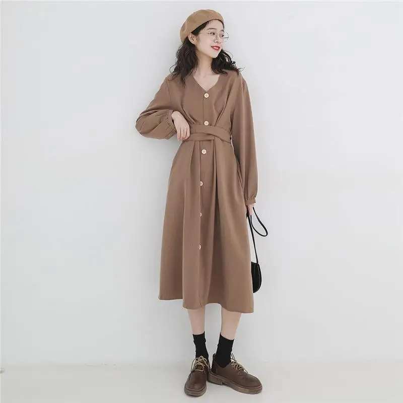 

Women 2021 Spring Autumn Retro V-neck Belt Dresses Female Single Breasted Loose Dress Ladies Casual Loose A-line Vestidos U808
