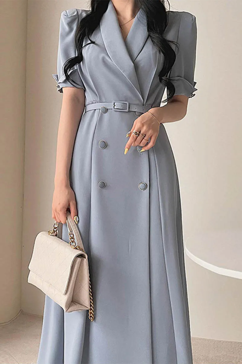 

ZCSMLL Korean summer temperament lapel fashion vestido double-breasted waist short-sleeved dress long skirt with belt