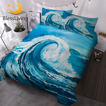 BlessLiving Watercolor Wave Bedding Set Ocean Theme Duvet Cover 3 Pieces Billow Blue Bedspreads Queen Sea Vivid Home Textiles 1