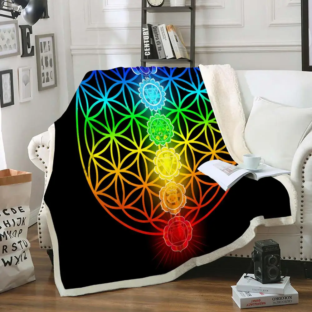 

Mandala Boho Throw Blanket Chakra Sherpa Fleece Blanket Zen Theme Fluffy Blanket on Bed Colorful Blanket Soft Boho Thin Quilt