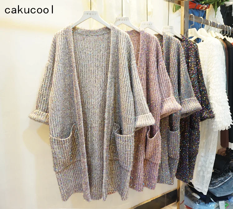 Cakucool Для женщин Серебряный люрекс Открыть стежка Bling миди длинный кардиган с