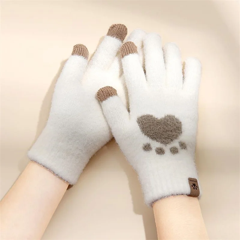 

Winter Women Gloves Cute Cat Paw Warm Wool Touchscreen Gloves Women Fluff Fingerless Flip Gloves Outdoor Knitted Mittens Glove