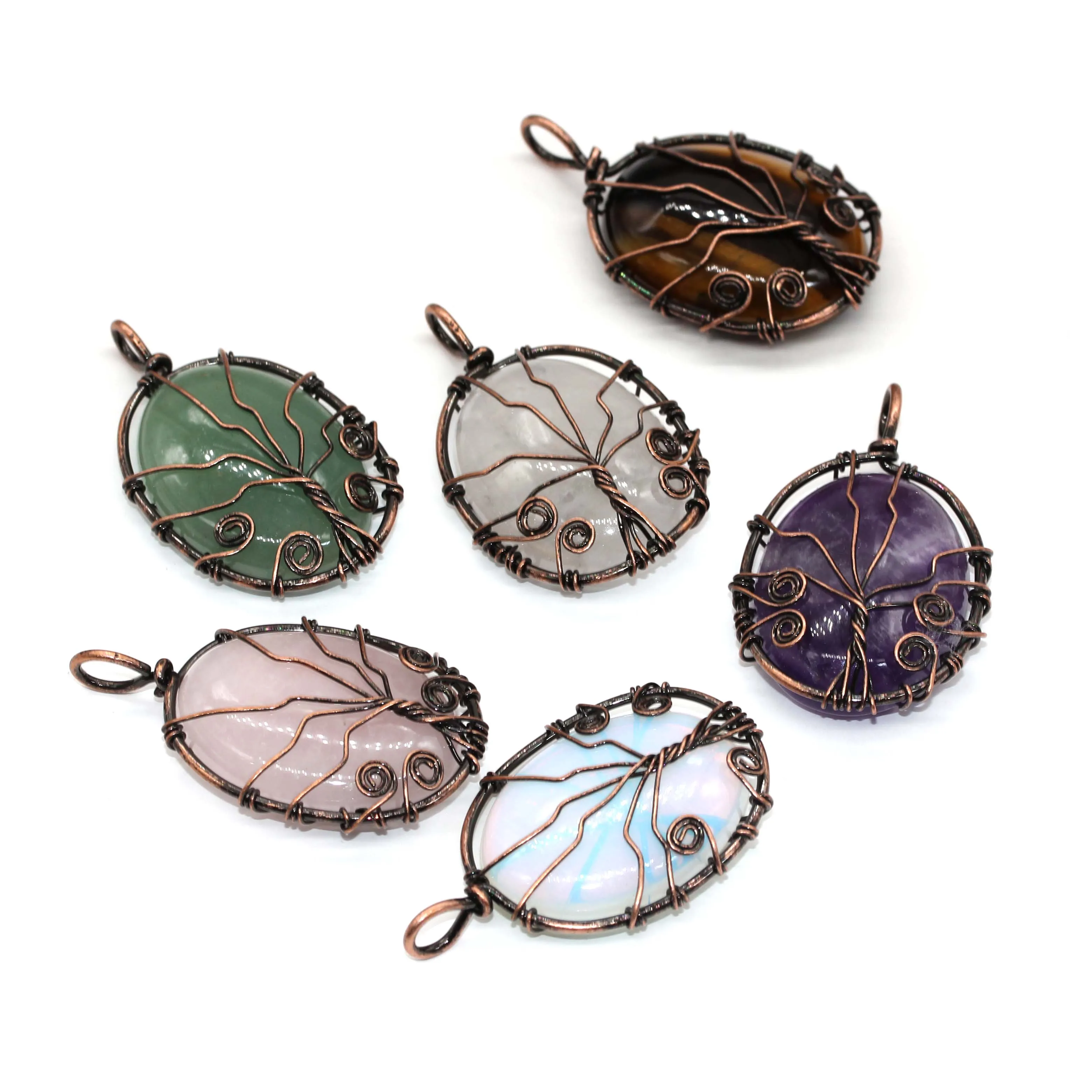 

100-Unique 1 Pcs Antique Copper Plated Wire Wrap Amethysts Stone Oval Shape Pendant Green Aventurine Jewelry