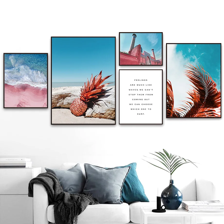 

Sea Beach Building Palm Leaf Wall Art Canvas Painting Nordic Posters And Prints Landscape Wall Pictures For Living Room Decor