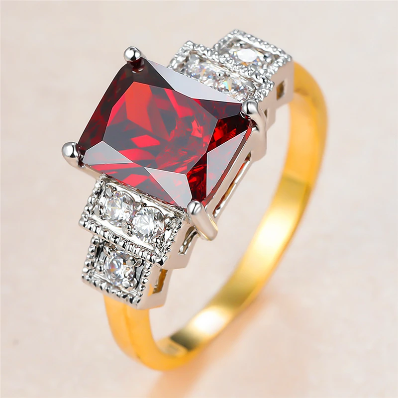 

Charm Female Red Crystal Thin Ring Vintage Gold Silver Color Wedding Rings For Women Trendy Bride Square Zircon Engagement Ring