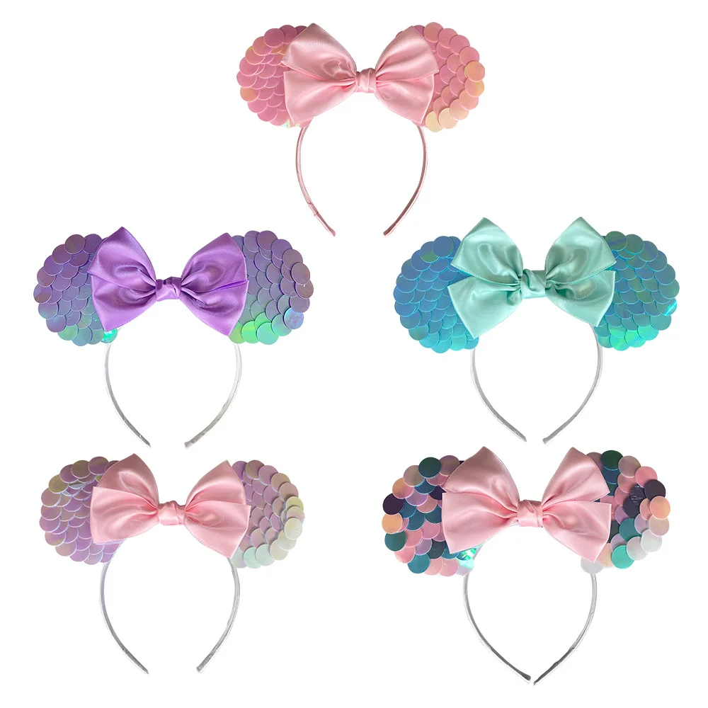 

Mickey Mouse Ears Headbands Girl's Hair Band Candy Color Ribbon Bow Girl Cute Mouse Ear Amusement Park Animal Hair Band