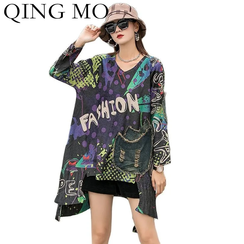 

QING MO Autumn Fashion Printing Stitching Denim Pocket Long Sleeved T Shirt Women 2021 New Loose Irregular Female Top ZWL1183