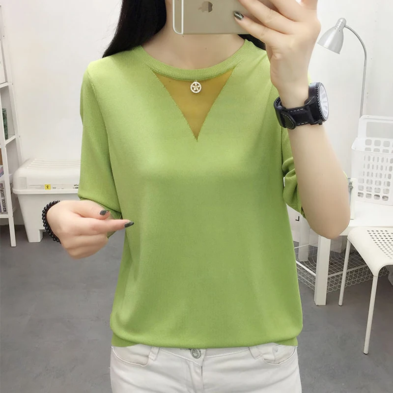 Женский тонкий трикотажный пуловер с коротким рукавом сеткой в стиле пэчворк