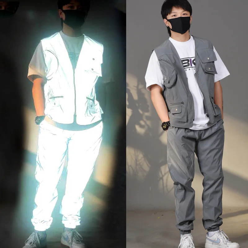 Хип-хоп костюмы для женщин и мужчин светоотражающий жилет брюки взрослых уличная