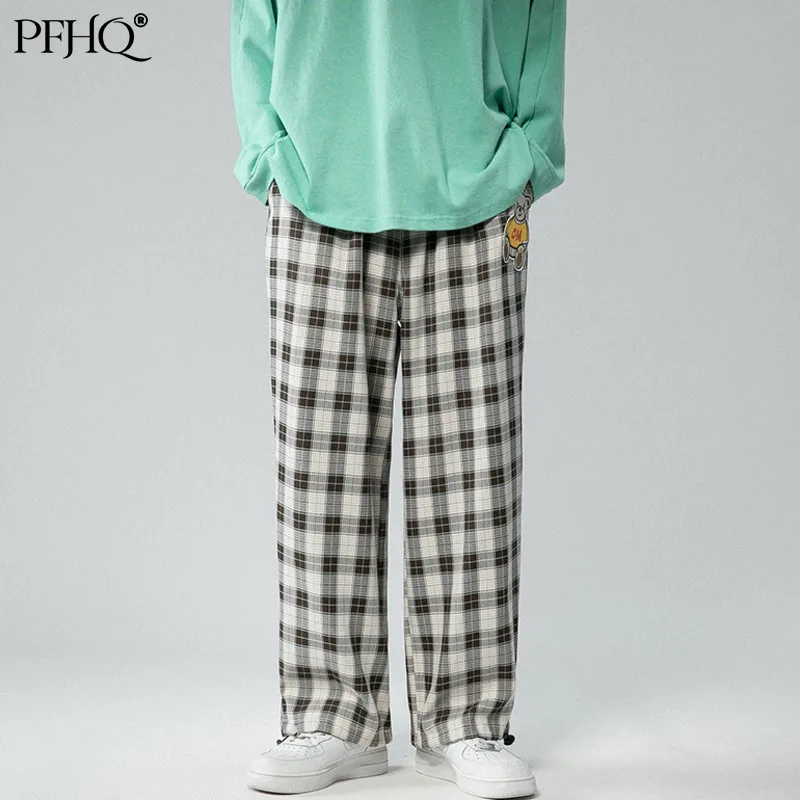 

Новые мужские модные свободные штаны PFHQ 2021 в клетку с вышивкой в Корейском стиле, повседневные Индивидуальные брюки на осень и зиму 21D391
