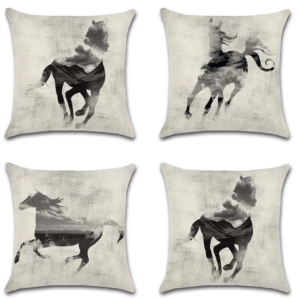 Чернильный стиль рисунок лошади бежевый Чехол на подушку декоративный домашний