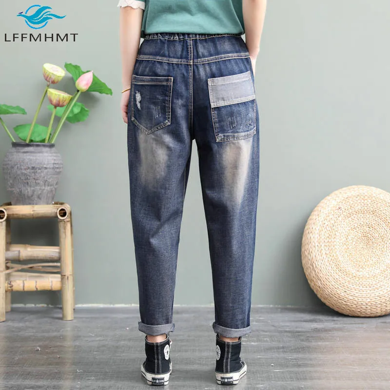 

Autumn Fashion Cartoon Mom Patchwork Embroidery High Waist Denim Jeans Female Cute Wild Casual Loose Elastic Waist Harem Pants