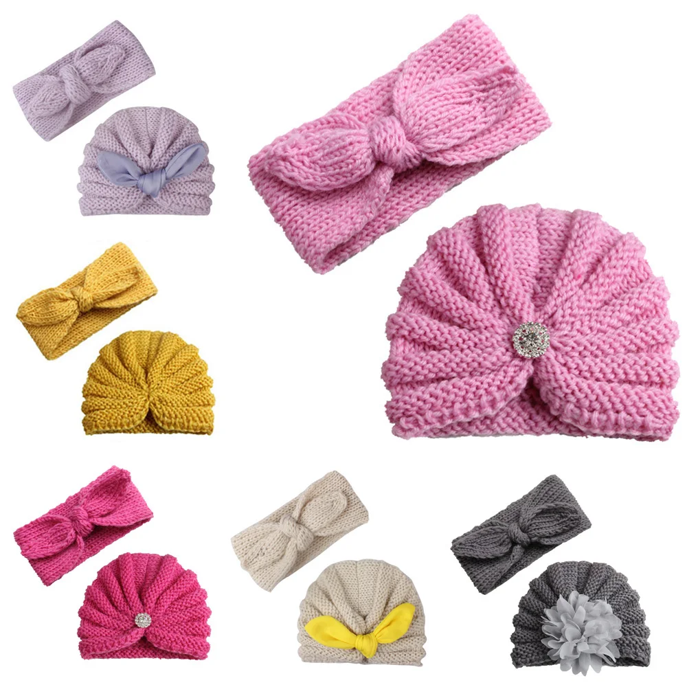 Детская шапка повязка на голову набор кролик цветок стразы зимняя для маленькой