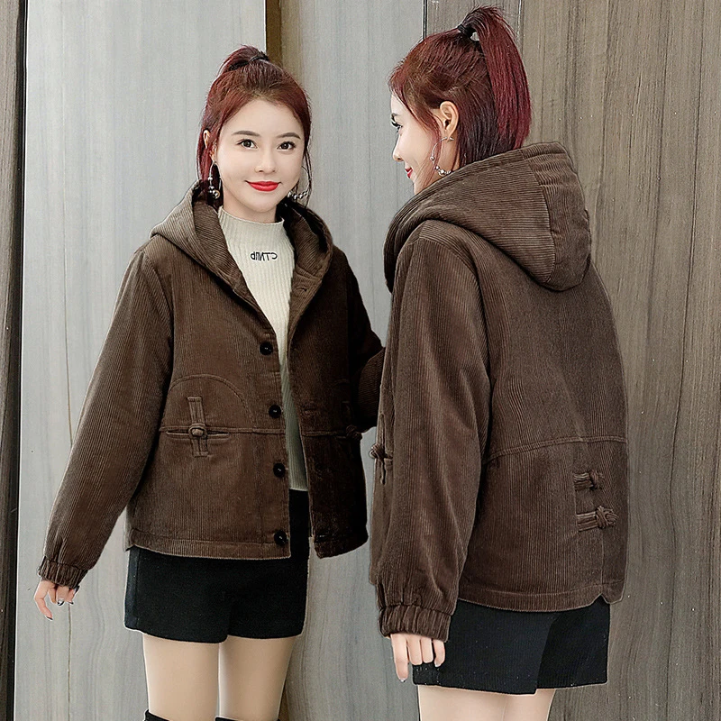 

Женская Вельветовая куртка с длинным рукавом, с капюшоном и карманами