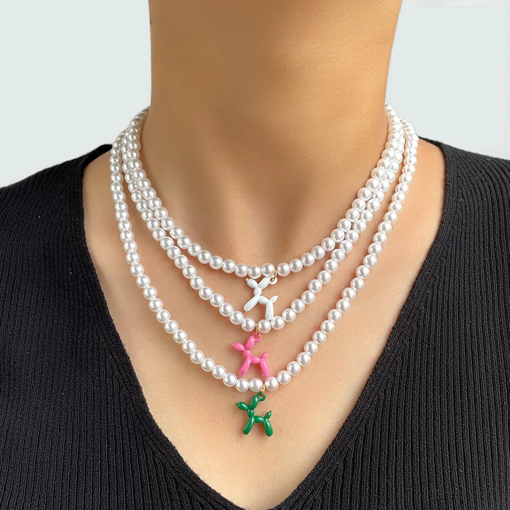 

Fashion Colorful Ballon Dog Handmade Pearl Necklace For Women Cute Animal Pendant Beads Choker Imitation Pearl Necklace Jewelry