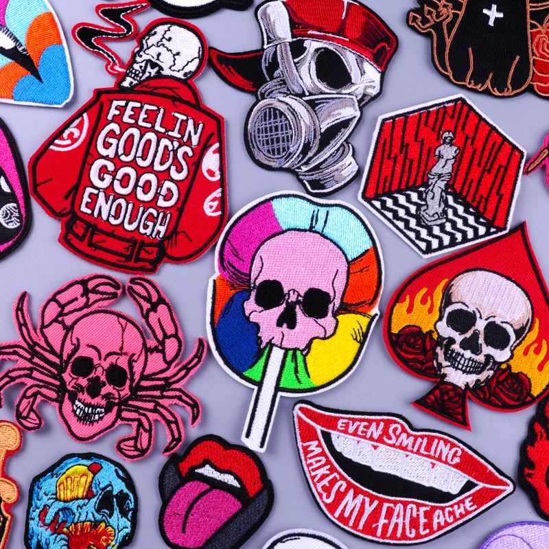 

Hippie Punk Embroidery Patch For Clothing Thermo Adhesive Patches Skull /Lip Stripe Patch Rock Iron On Patches On Clothes Jacket