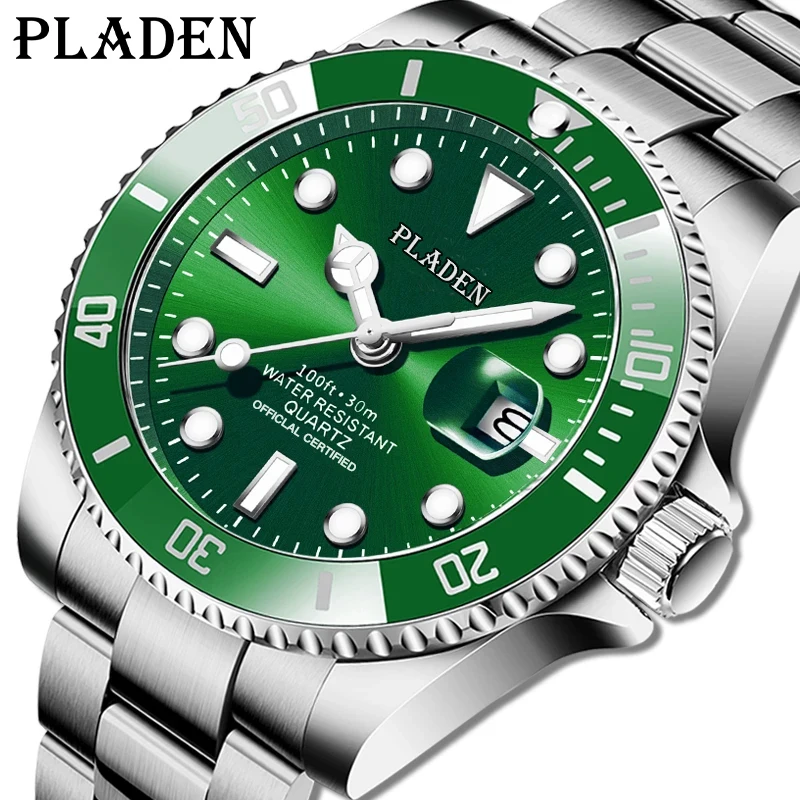 

Часы наручные мужские Кварцевые водонепроницаемые, брендовые зеленые полностью стальные светящиеся в деловом стиле для дайвинга