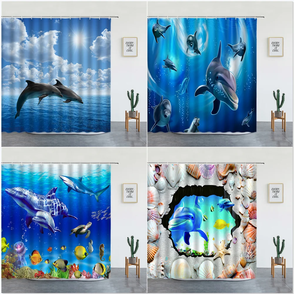 

Dolphin Shower Curtains Ocean Animal Sea Underwater World Landscape Psychedelic Bathroom Decor Wal Hanging Bath Screen With Hook
