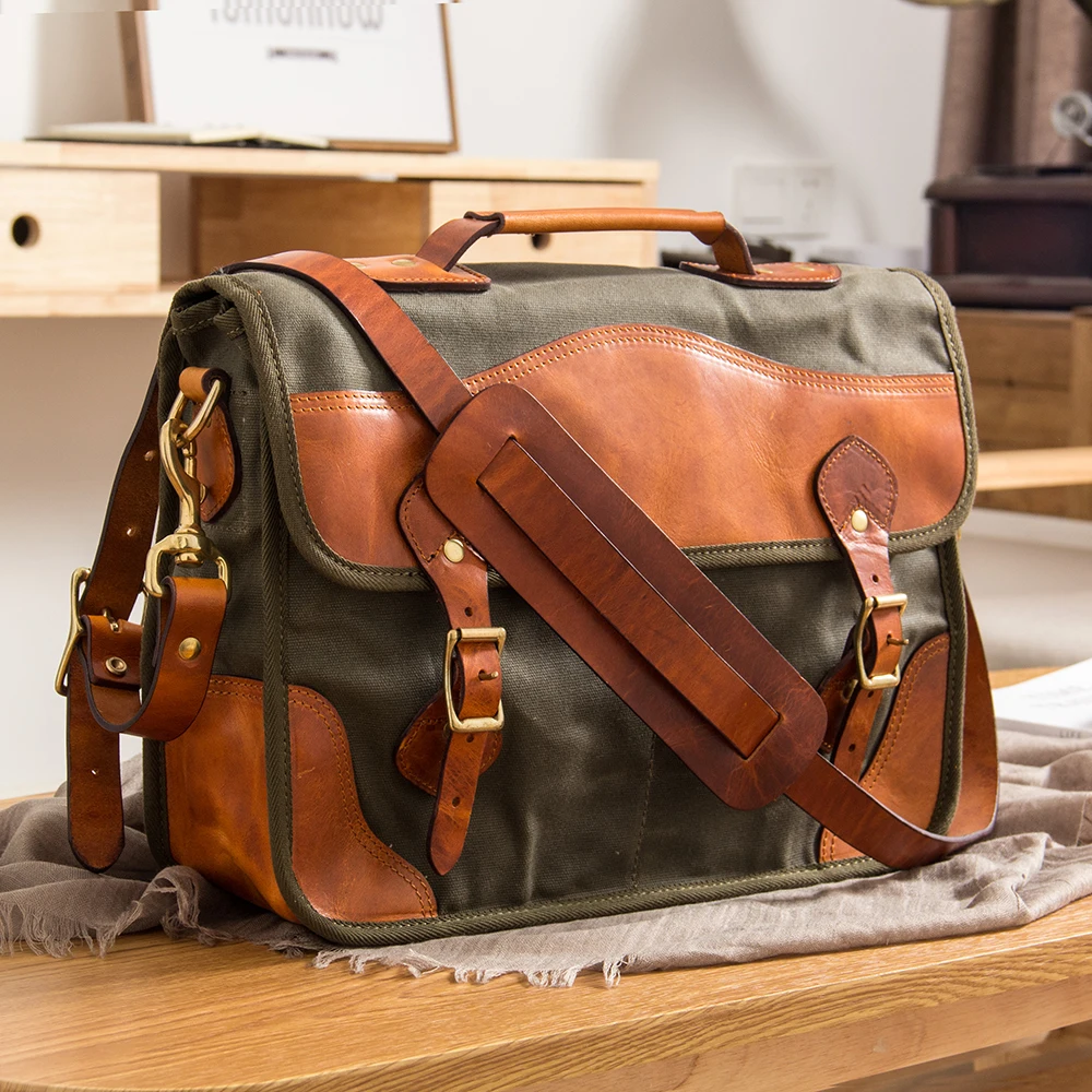 

New Men's Handbags Thickened Oil Wax Canvas Bag Laptop Shoulder Bag American Retro Messenger Bags Vegetable Tanned Leather Male