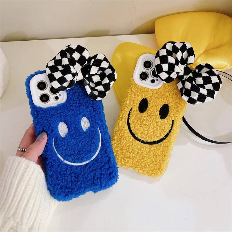 

Fashion Cute Lady Gift Case for iPhone 13 12Pro XS Max XR X 11 Max SE 8 7Plus Soft Furry Warm Smile Back Cover With 3D bowknot