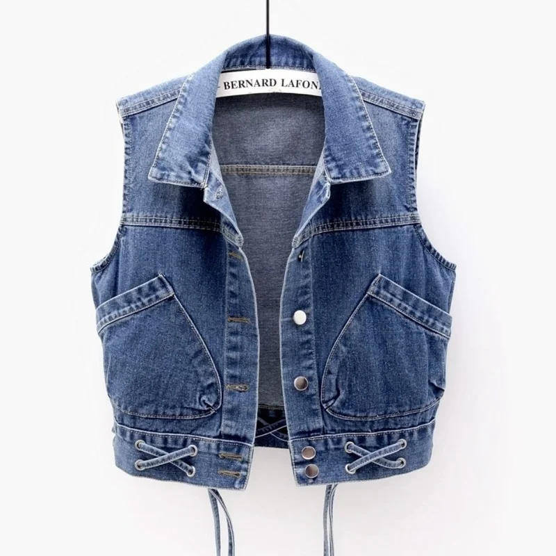 

Womens Chic Criss-Cross Pocket Design Fashion Cropped Jacket Vests Large Size 5XL Teens Denim Outerwear Sleeveless Vintage Coats