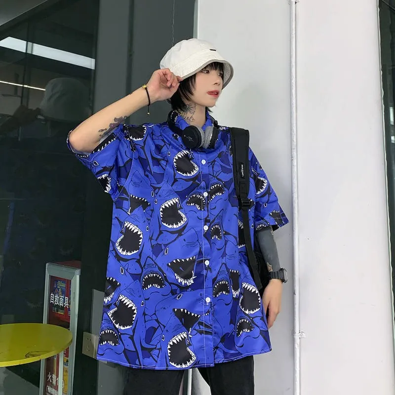 

Harajuku Cartoon Shark Print Blusa Female 2021 Summer Blouse Women Loose Casual Short Sleeve Shirt Street Fashion Oversize Top