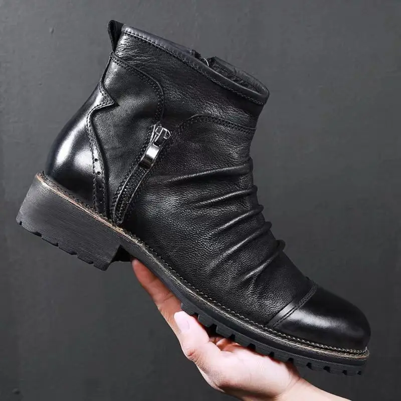 Men Ankle Boots Flods Platform Zipper Outdoor Autumn Male Fashion PU Leather Round Toe Vintage Big Size Comfy Mens | Обувь