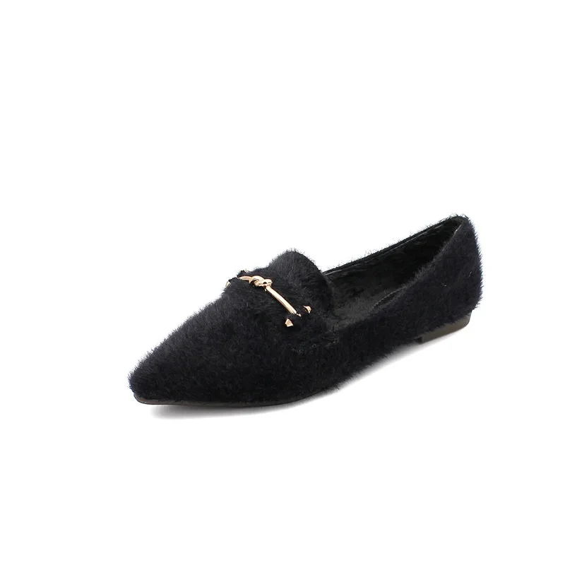 

The New Large size metal button Velvet suede Pointed Flat heel Add velvet to keep warm Women's fur shoes Girls Beanie Shoes