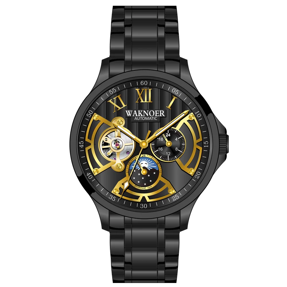 black gold alloy WAKNOER автоматические механические часы для мужчин из нержавеющей стали водонепроницаемый Moon Phase светящиеся роскошные золотые бизнес Tourbillon Montre Homme - Цвет: black gold alloy