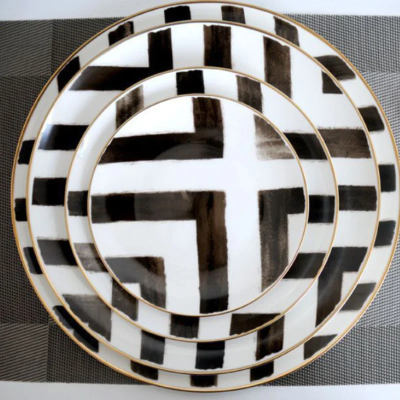 Bone China Plate Round Food Tray Dinner Set Cross-Border Pattern Restaurant Grid Gold Dish Assiette Porcelain | Дом и сад