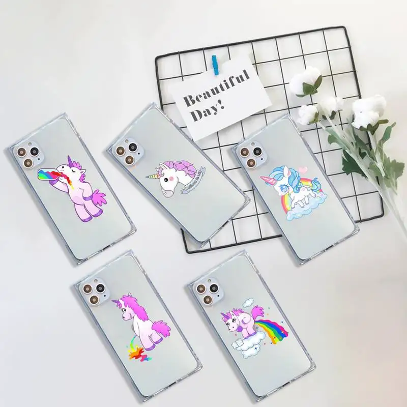 

color cartoon cute unicorn Phone Case For iPhone 7 8 11 12 X XS XR MINI Pro Max Plus Clear Square Transparent
