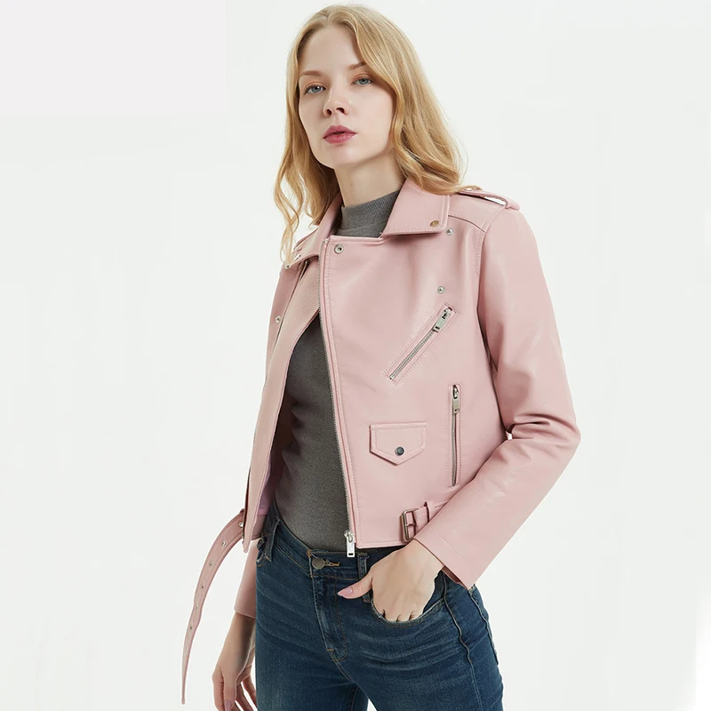 Brand Womens Leather Jacket New Pattern Bright Candy Colors Slim Turn-down Collar Motorcycle Short Autumn Coat With Belt | Женская