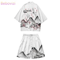 chinese style crane kimono shorts pants sets two piece suit japanese cardigan women men cosplay yukata clothing harajuku haori