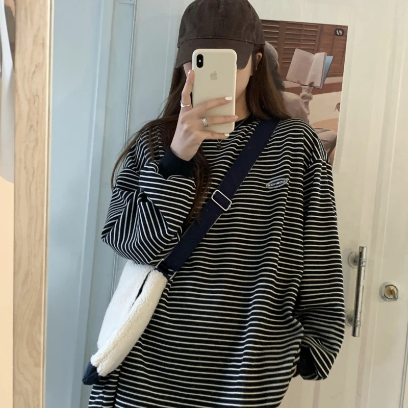 

Women Harajuku Sweatshirt Long Sleeve O Neck Thin Loose Aesthetic Striped Tops Female Hoodie Pullover Casual Autumn Streetwear