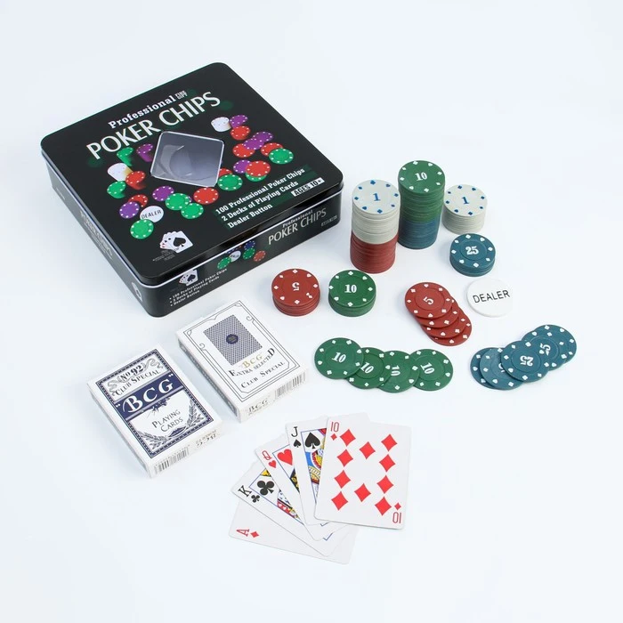 Poker set for the game cards 2 decks chips with denomination 100 pcs 20x20 cm poker gambling entertainment sports and | Спорт и