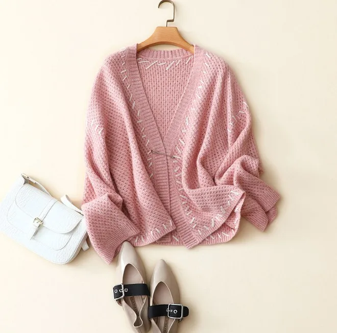 

Tailor Shop Custom Made European and American Style Hook Flower Hollow Long-sleeved Knitted Cardigan Women Autumn and Winter