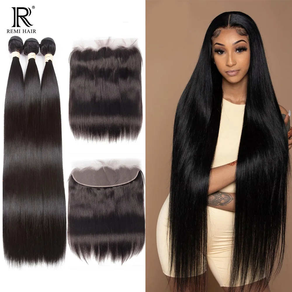 

REMI hair 28 30-дюймовые бразильские Прямые искусственные волосы с застежкой 13x4 фронтальные с 3 4 пучками Реми волос