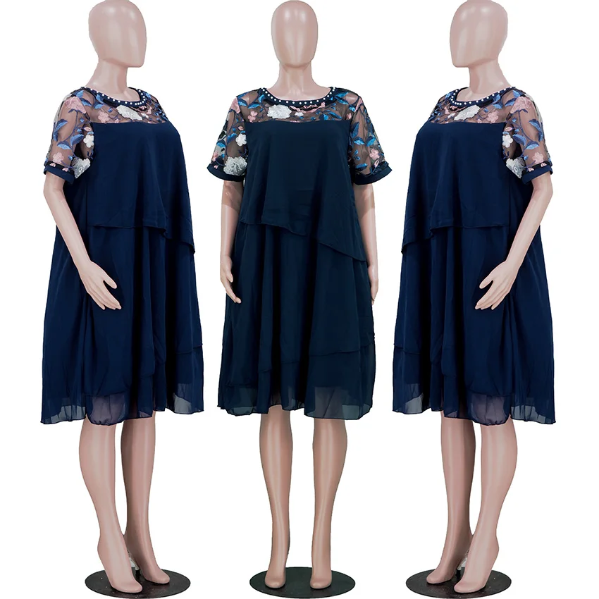 New Style African Women's Clothing Fashion Stylish Lace Chiffon Stitching Round Collar Nail Bead Leisure Commute Loose Dresses