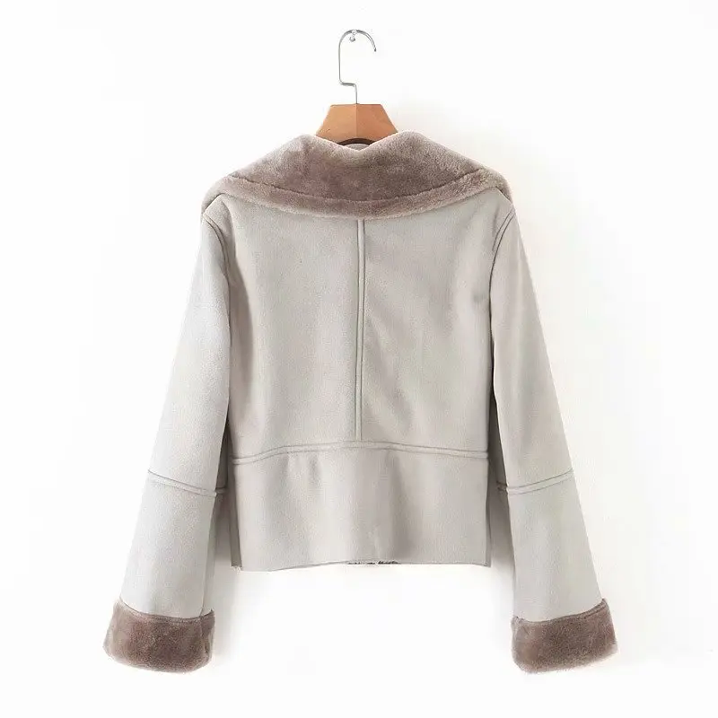 Buckskin/Женская куртка с длинными рукавами на молнии с отворотом; Новинка года; зимняя теплая Женская куртка в стиле Харадзюку с мехом; топ в стиле ретро