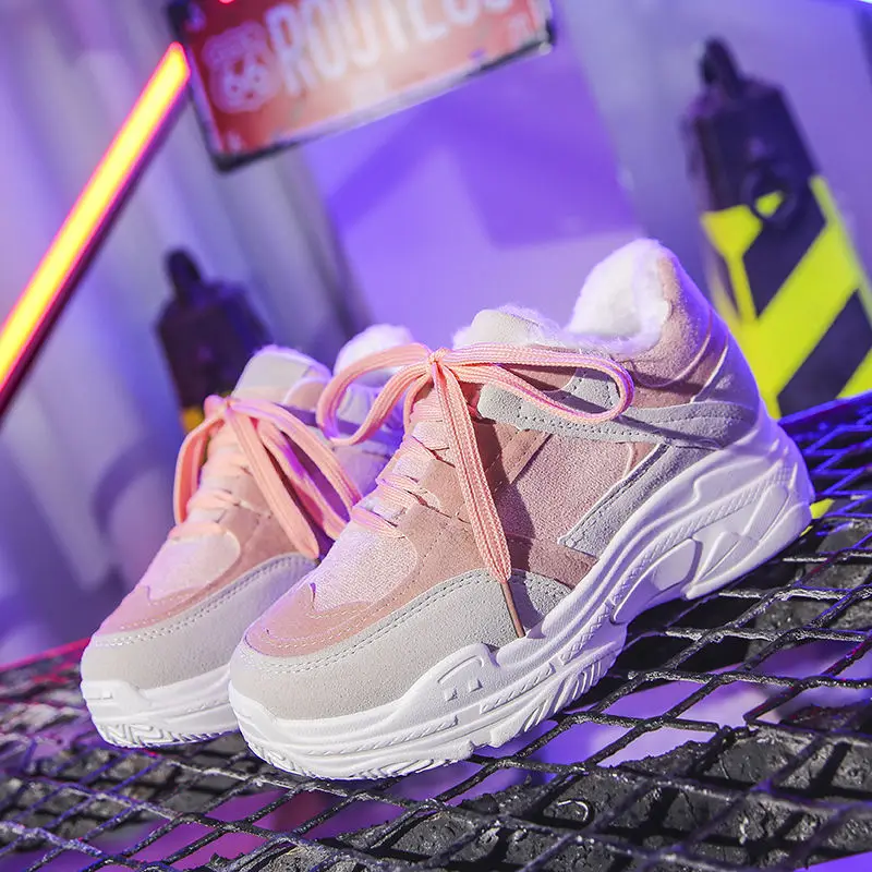 Pink plus velvet Осенняя обувь; женские кроссовки на шнуровке; женская прогулочная обувь на платформе; женская Вулканизированная обувь на плоской подошве; удобная зимняя женская обувь - Цвет: Pink plus velvet