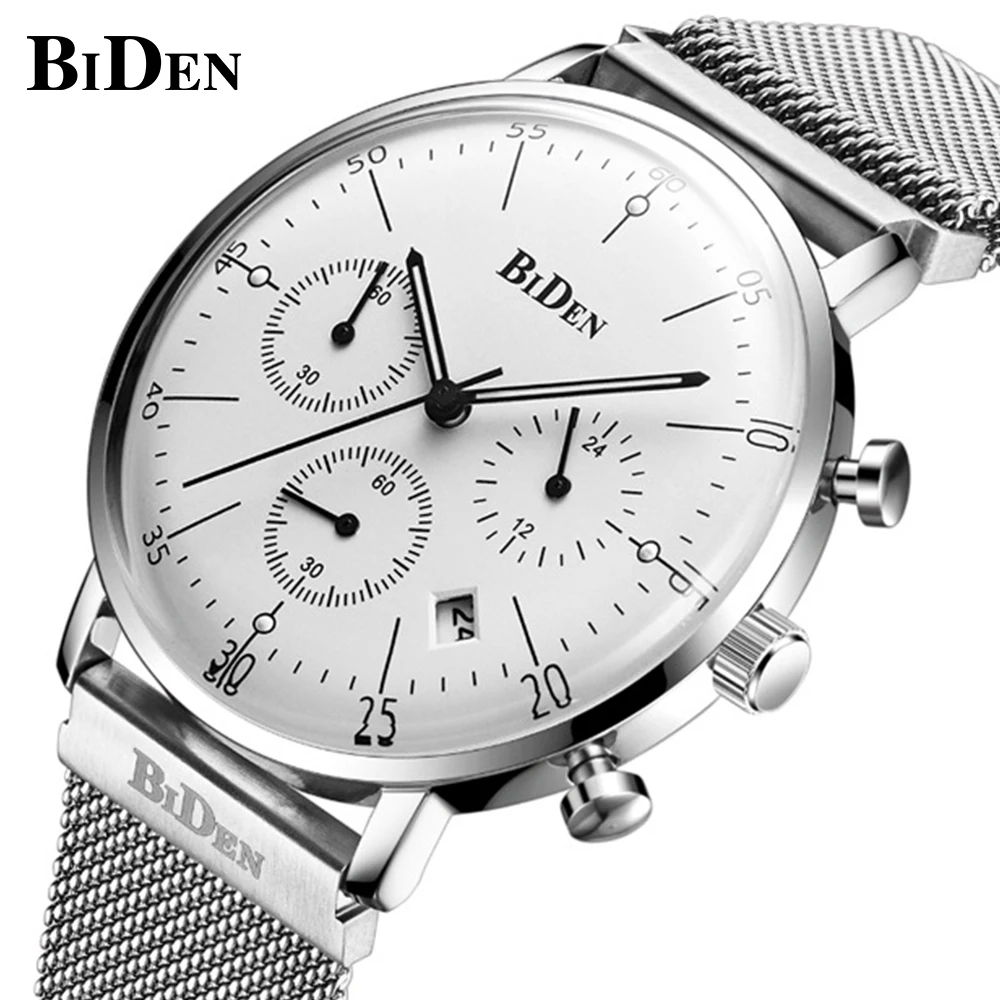BIDEN Модные Серебристые ультра тонкие кварцевые часы из нержавеющей стали