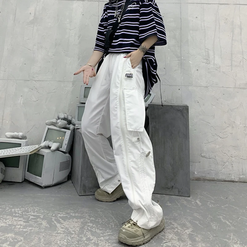 Брюки карго с большими карманами женские свободные штаны завышенной талией