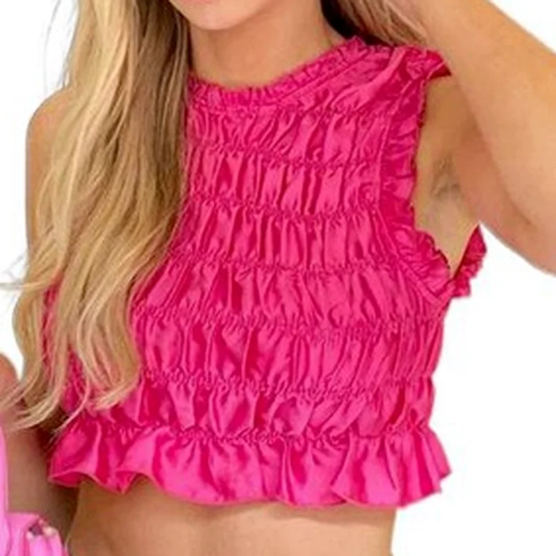 

2021 Summer Fashion New Round Neck Short Sexy Navel Y2k Top I-shaped Slim Fold Solid Color Diaodai Small Vest Women's Clothing